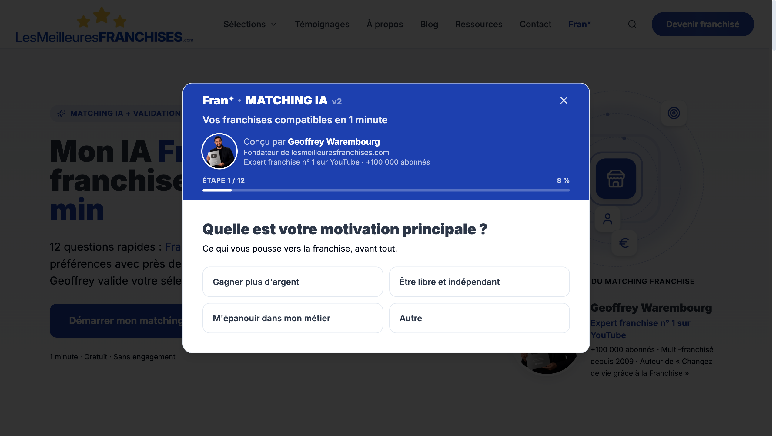 Capture réelle de Fran : première question du matching IA, Quelle est votre motivation principale ?