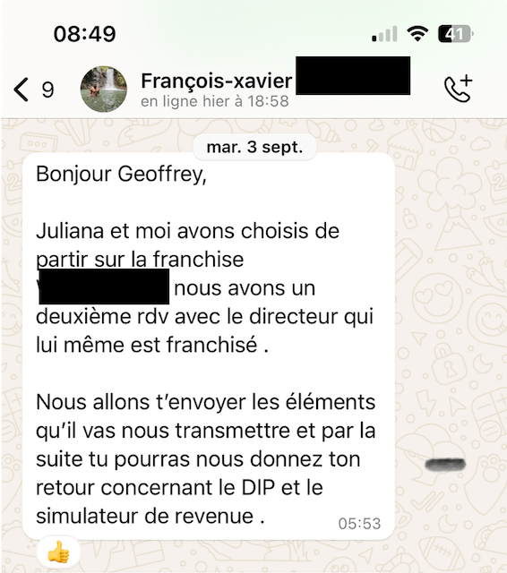 Extrait WhatsApp du parcours de François-Xavier et Juliana